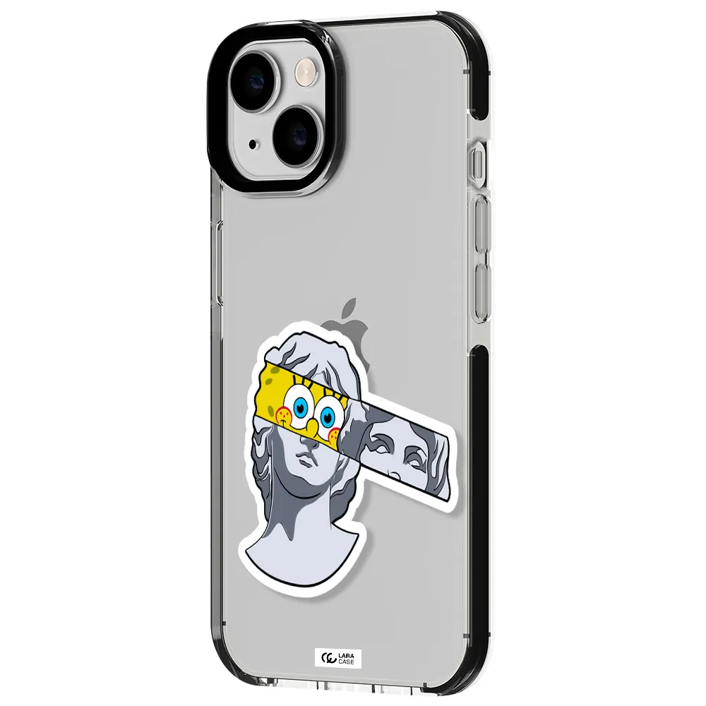 a cartoon of a statue with a yellow spongebob over its eyes Apple iPhone 14 impact black border Case