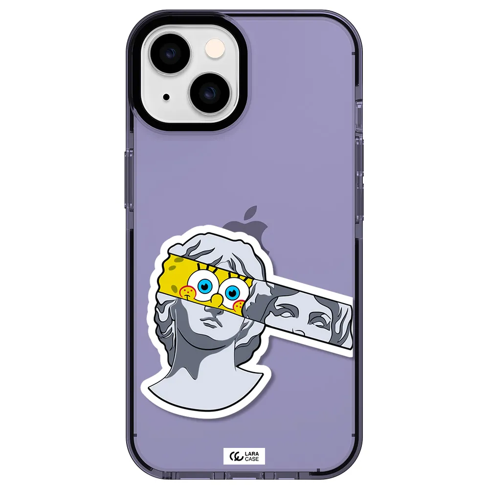 a cartoon of a statue with a yellow spongebob over its eyes Apple iPhone 14 impact Lilac Case