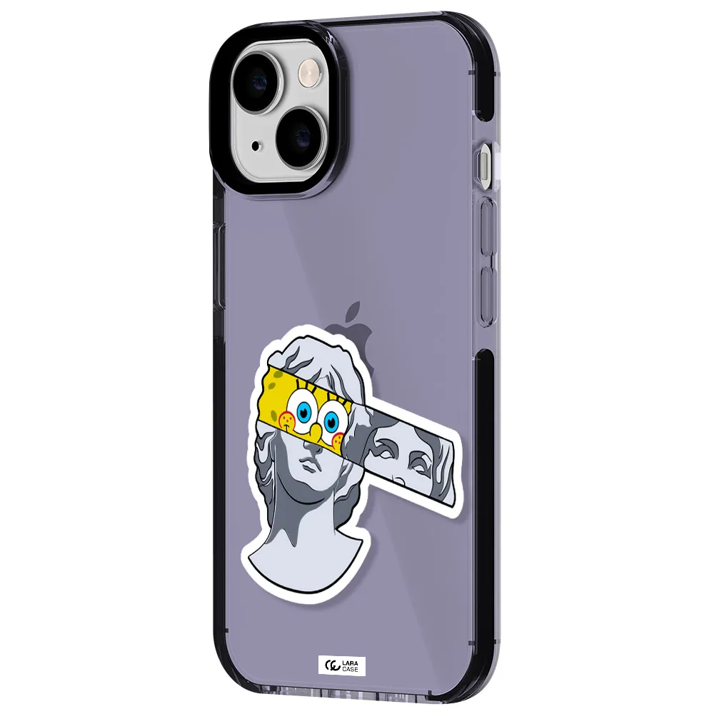 a cartoon of a statue with a yellow spongebob over its eyes Apple iPhone 14 impact Lilac Case