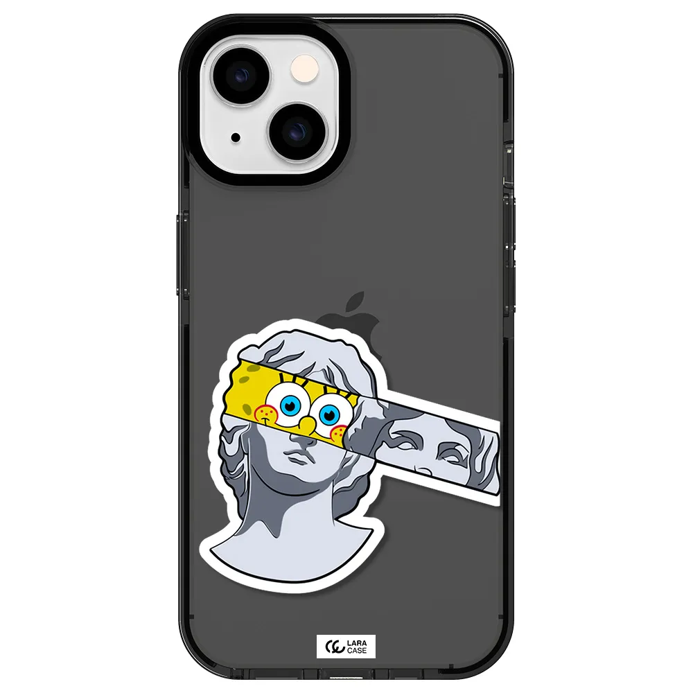 a cartoon of a statue with a yellow spongebob over its eyes Apple iPhone 14 impact Smoke Black Case