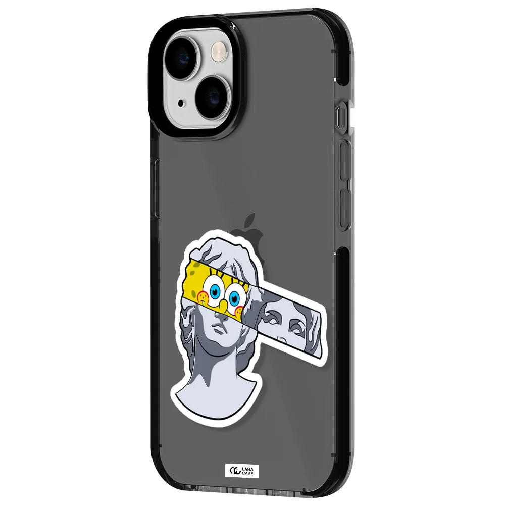a cartoon of a statue with a yellow spongebob over its eyes Apple iPhone 14 impact Smoke Black Case