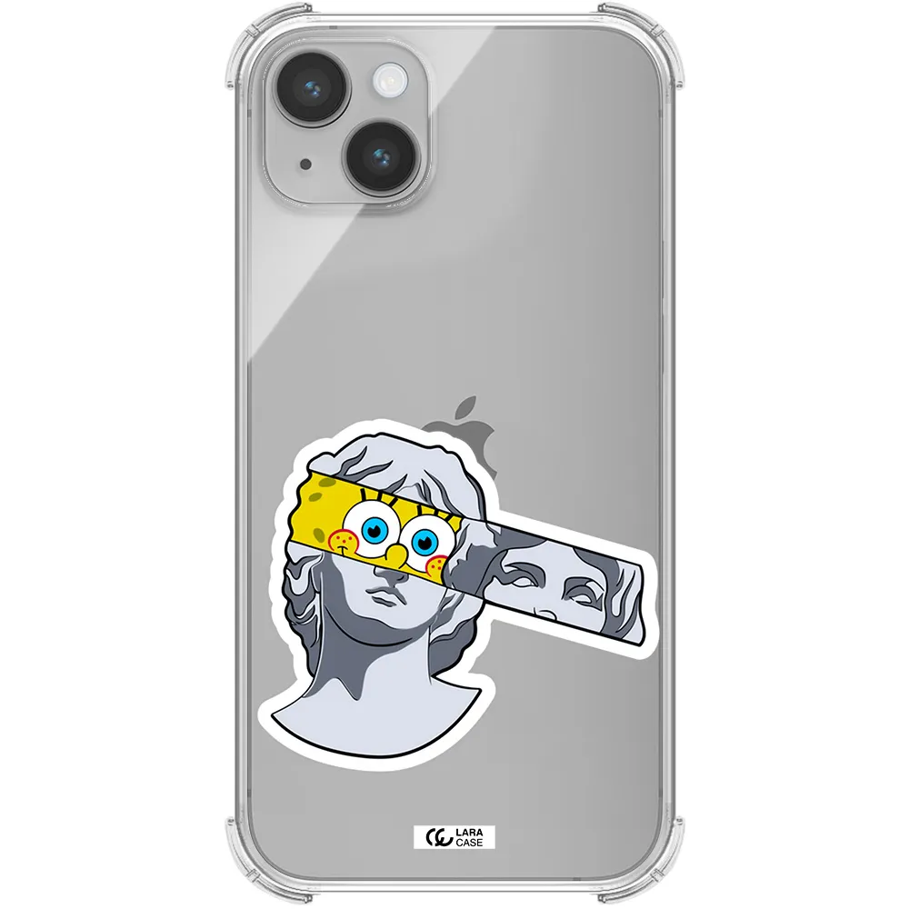 a cartoon of a statue with a yellow spongebob over its eyes Apple iPhone 14 plus Clear PC Case