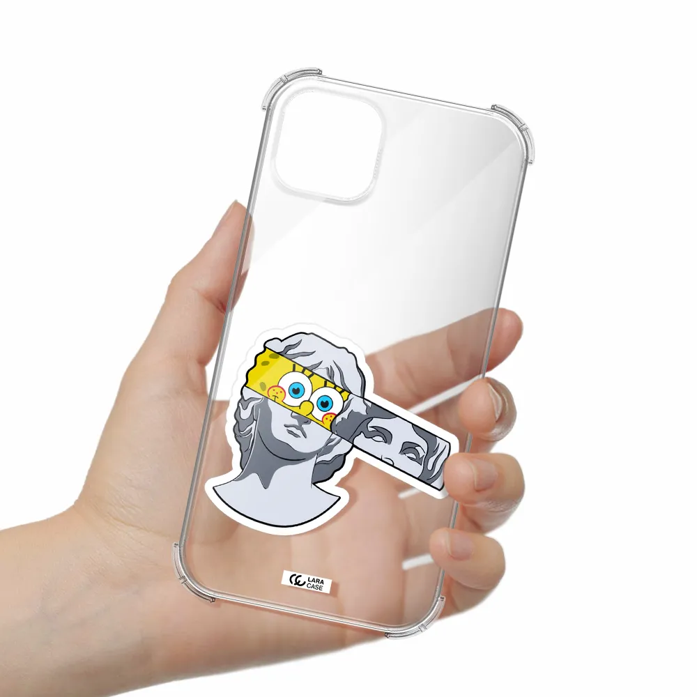 a cartoon of a statue with a yellow spongebob over its eyes Apple iPhone 14 plus Clear PC Case