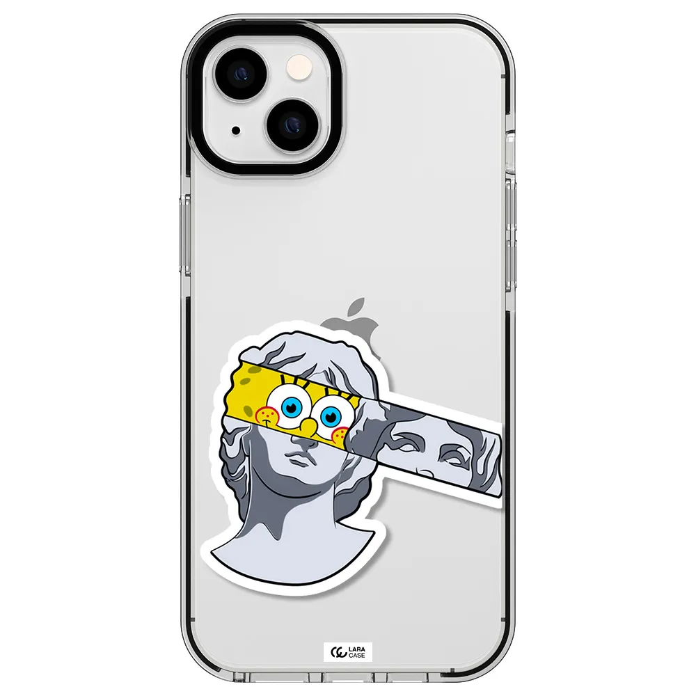 a cartoon of a statue with a yellow spongebob over its eyes Apple iPhone 14 plus impact black border Case