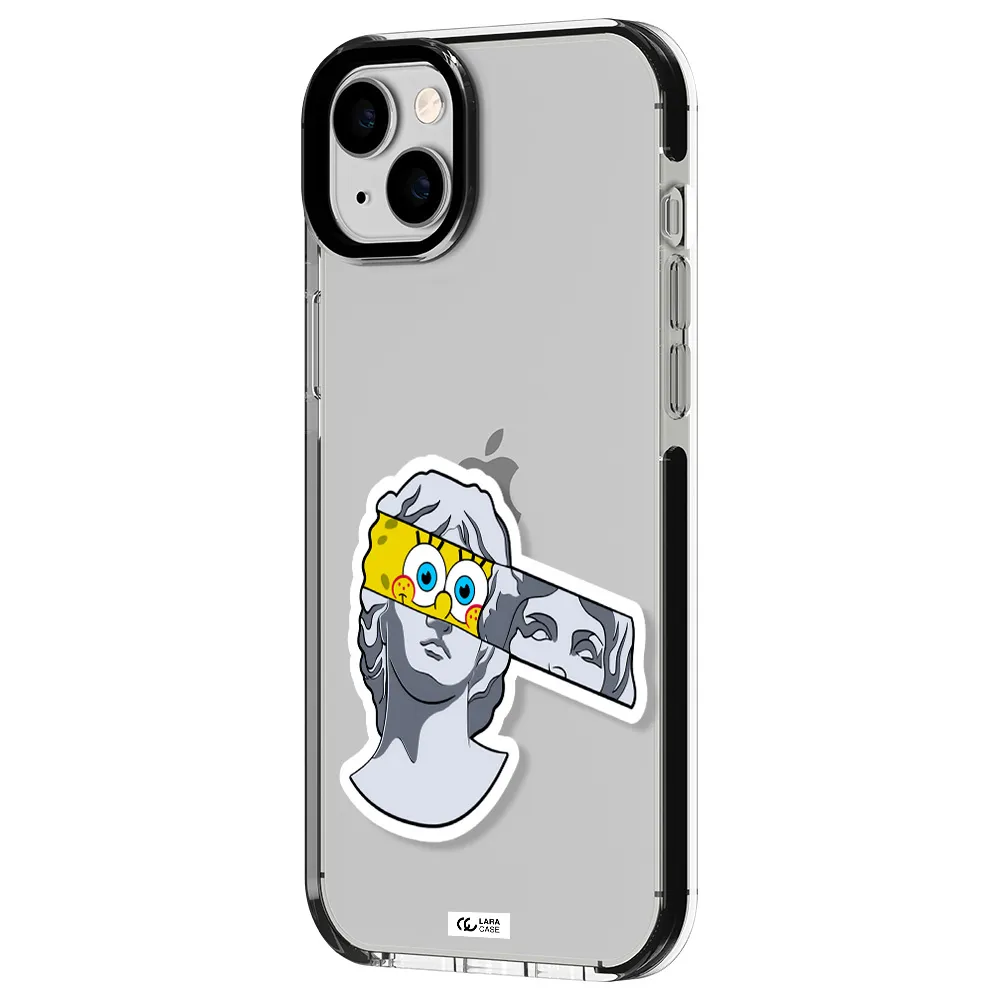 a cartoon of a statue with a yellow spongebob over its eyes Apple iPhone 14 plus impact black border Case
