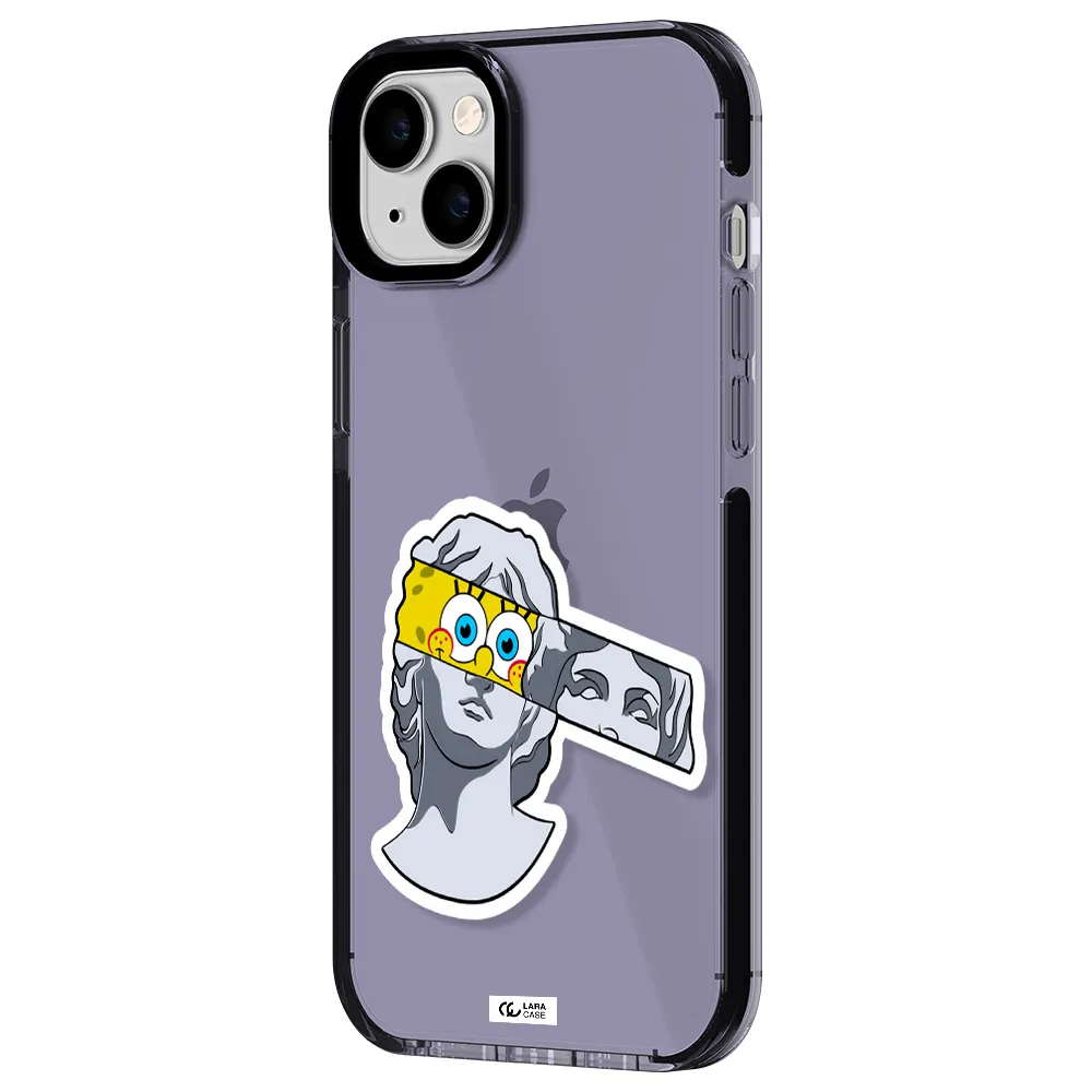 a cartoon of a statue with a yellow spongebob over its eyes Apple iPhone 14 plus impact Lilac Case