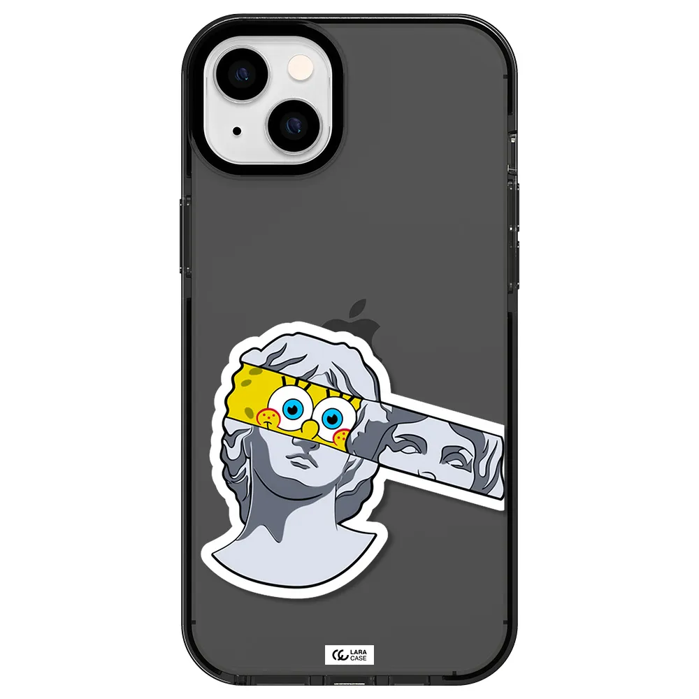 a cartoon of a statue with a yellow spongebob over its eyes Apple iPhone 14 plus impact Smoke Black Case