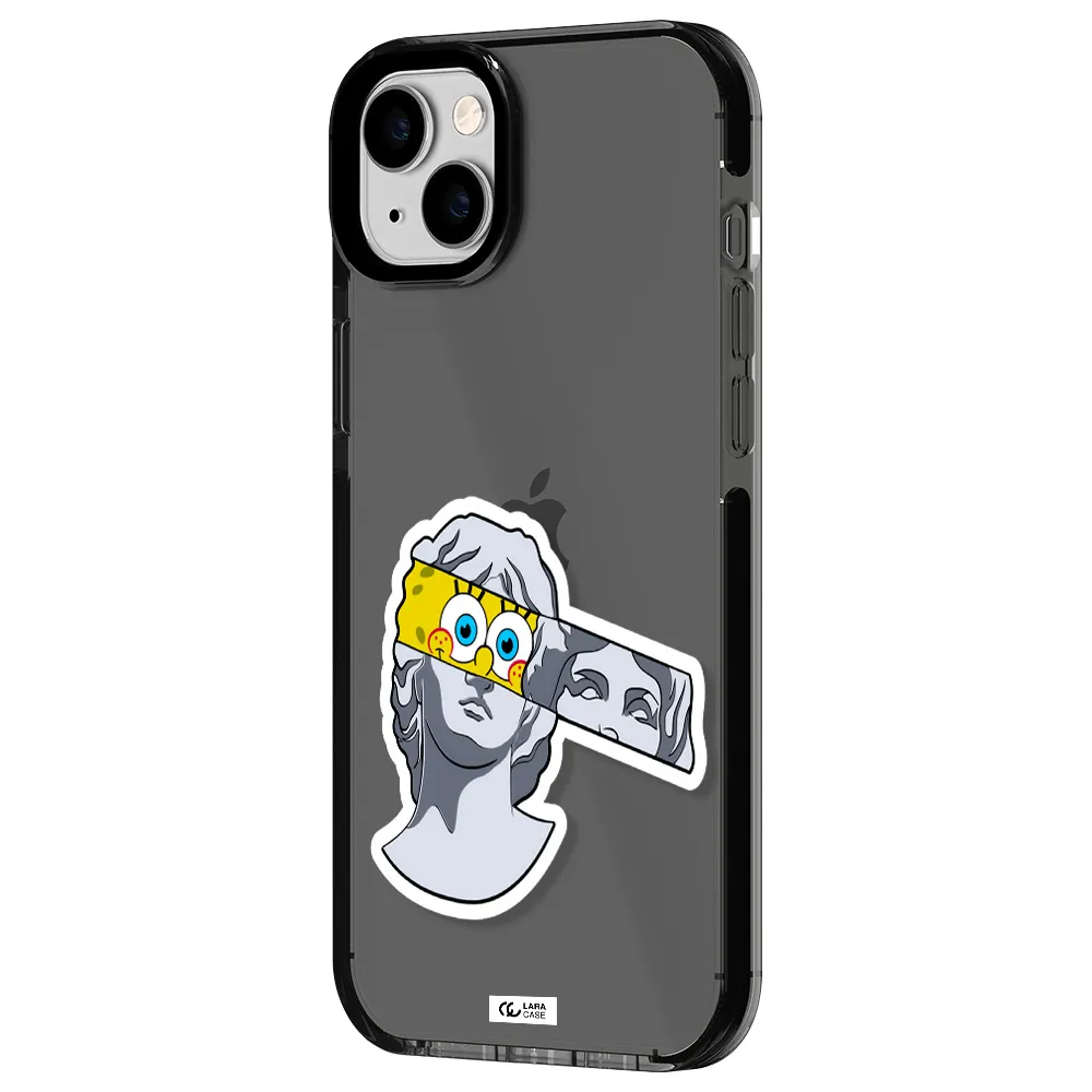 a cartoon of a statue with a yellow spongebob over its eyes Apple iPhone 14 plus impact Smoke Black Case