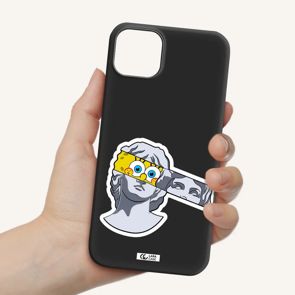 a cartoon of a statue with a yellow spongebob over its eyes Apple iPhone 14 plus Silicone black Case