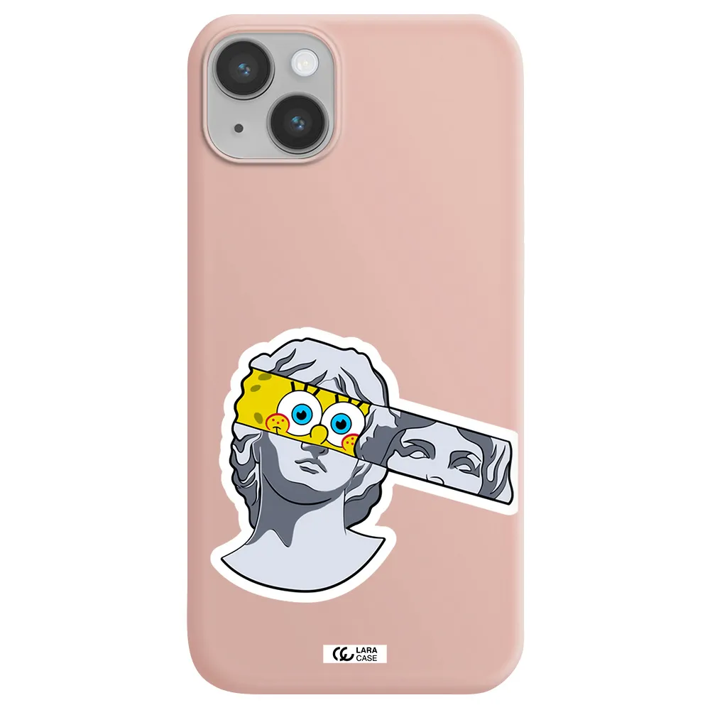 a cartoon of a statue with a yellow spongebob over its eyes Apple iPhone 14 plus Silicone pastel pink Case