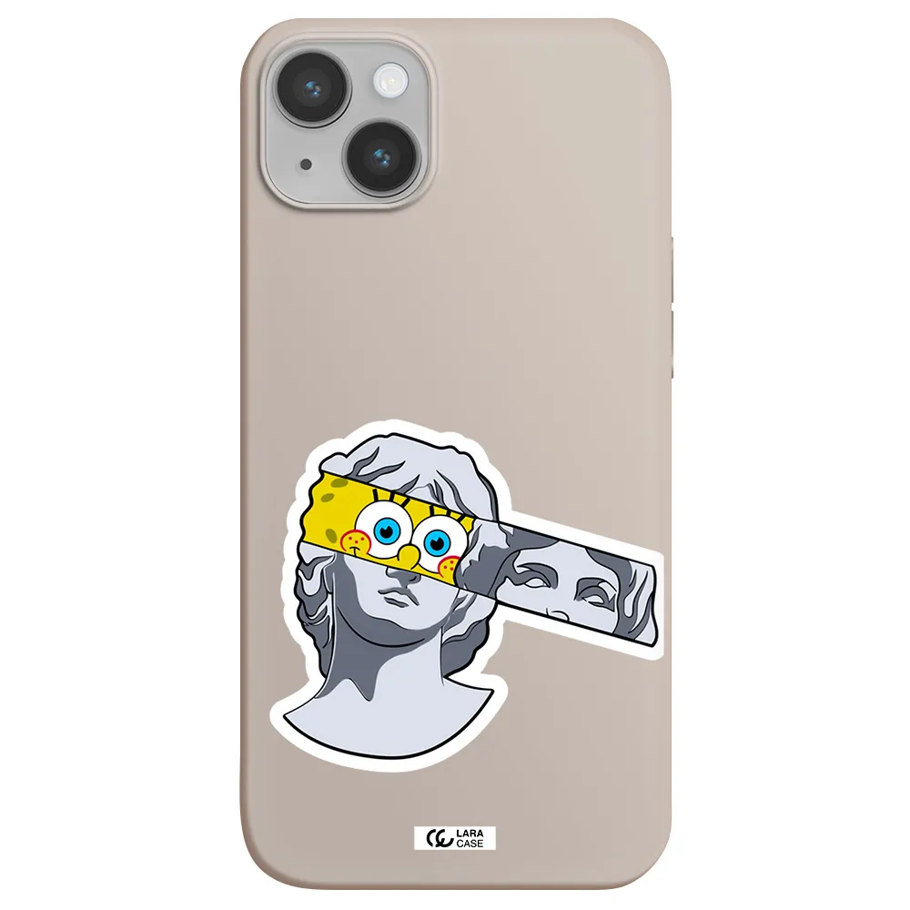 a cartoon of a statue with a yellow spongebob over its eyes Apple iPhone 14 plus Silicone Stone Case