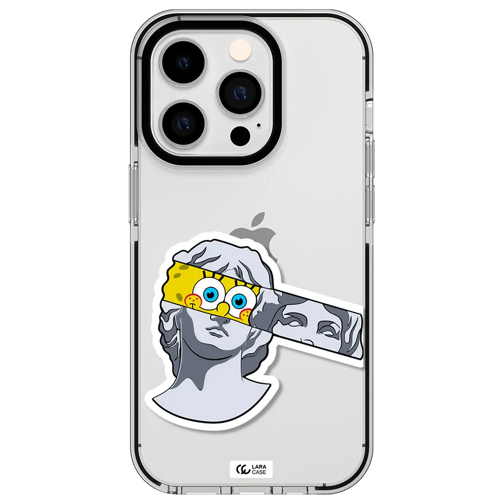 a cartoon of a statue with a yellow spongebob over its eyes Apple iPhone 14 pro impact black border Case