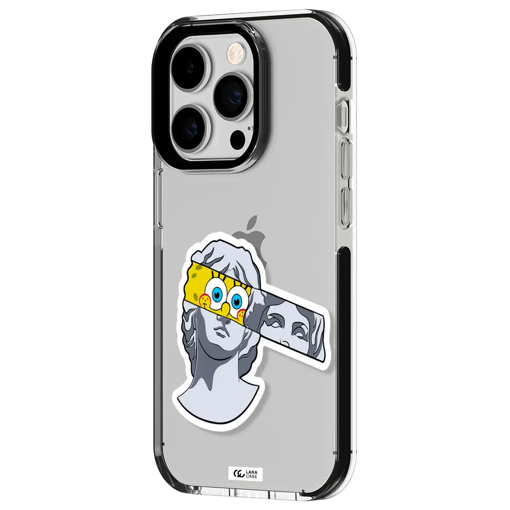 a cartoon of a statue with a yellow spongebob over its eyes Apple iPhone 14 pro impact black border Case
