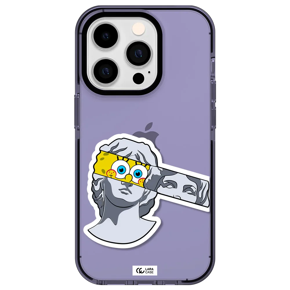 a cartoon of a statue with a yellow spongebob over its eyes Apple iPhone 14 pro impact Lilac Case