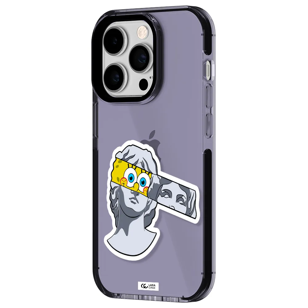 a cartoon of a statue with a yellow spongebob over its eyes Apple iPhone 14 pro impact Lilac Case