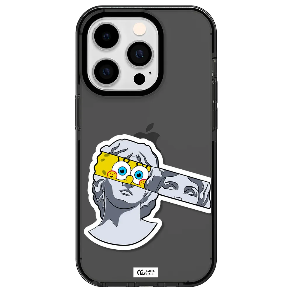 a cartoon of a statue with a yellow spongebob over its eyes Apple iPhone 14 pro impact Smoke Black Case