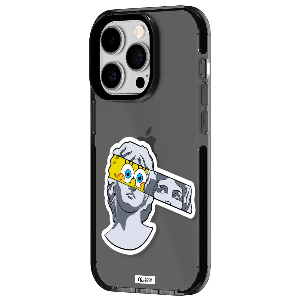a cartoon of a statue with a yellow spongebob over its eyes Apple iPhone 14 pro impact Smoke Black Case