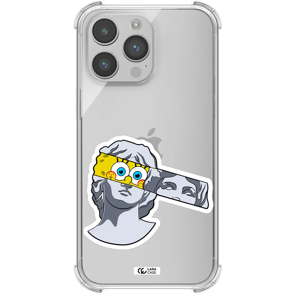 a cartoon of a statue with a yellow spongebob over its eyes Apple iPhone 14 pro max Clear PC Case
