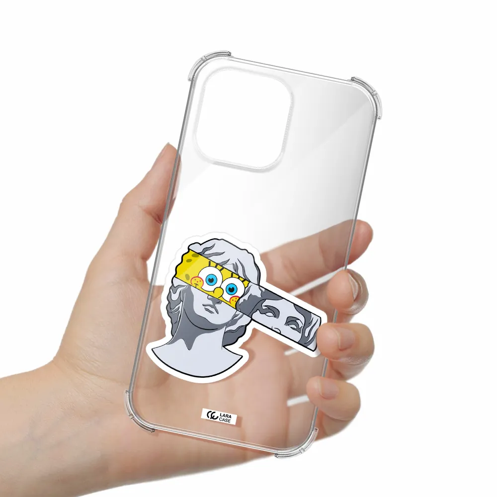 a cartoon of a statue with a yellow spongebob over its eyes Apple iPhone 14 pro max Clear PC Case