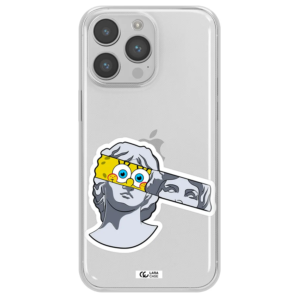 a cartoon of a statue with a yellow spongebob over its eyes Apple iPhone 14 pro max Clear TPU Case