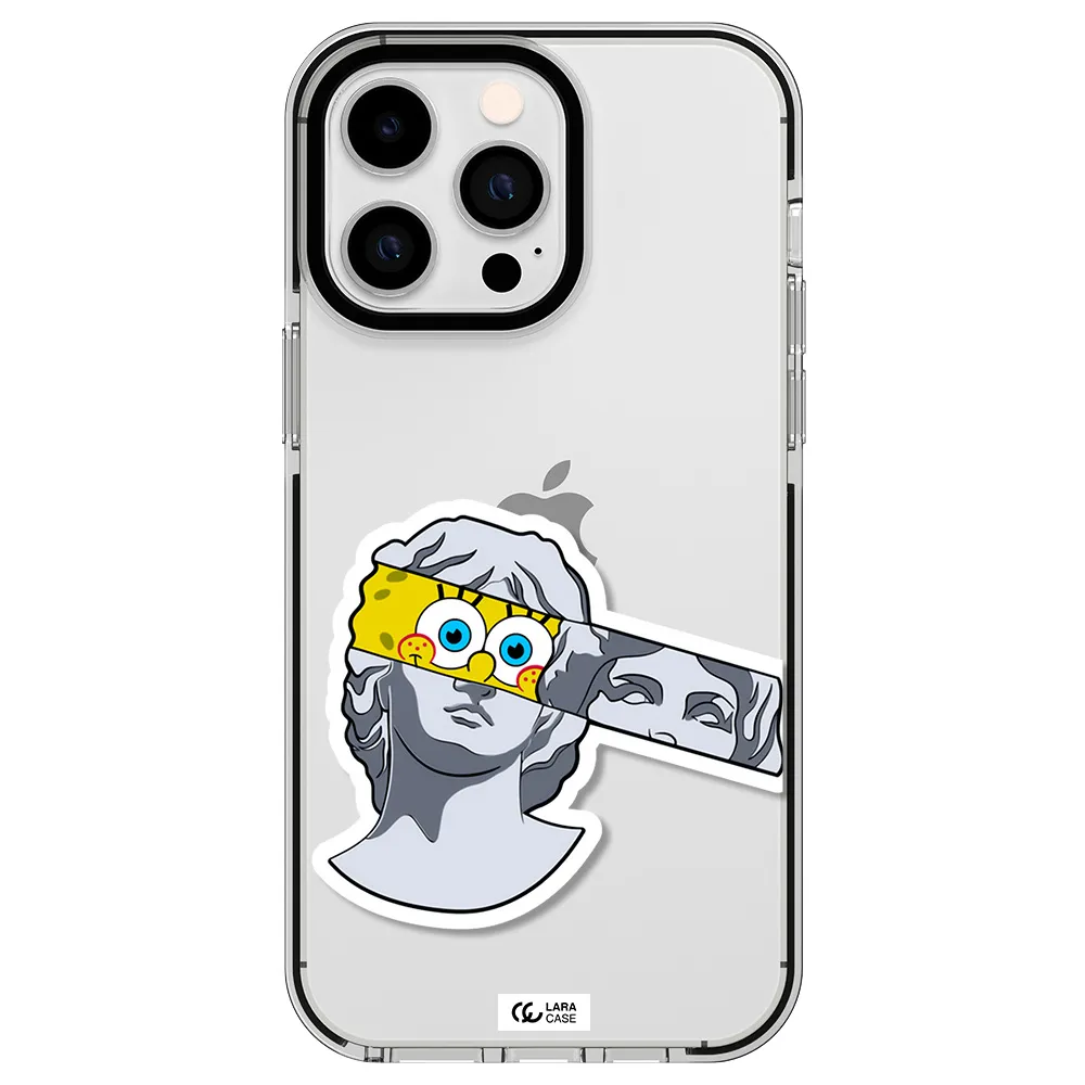 a cartoon of a statue with a yellow spongebob over its eyes Apple iPhone 14 pro max impact black border Case