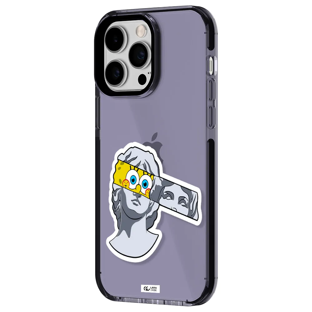 a cartoon of a statue with a yellow spongebob over its eyes Apple iPhone 14 pro max impact Lilac Case
