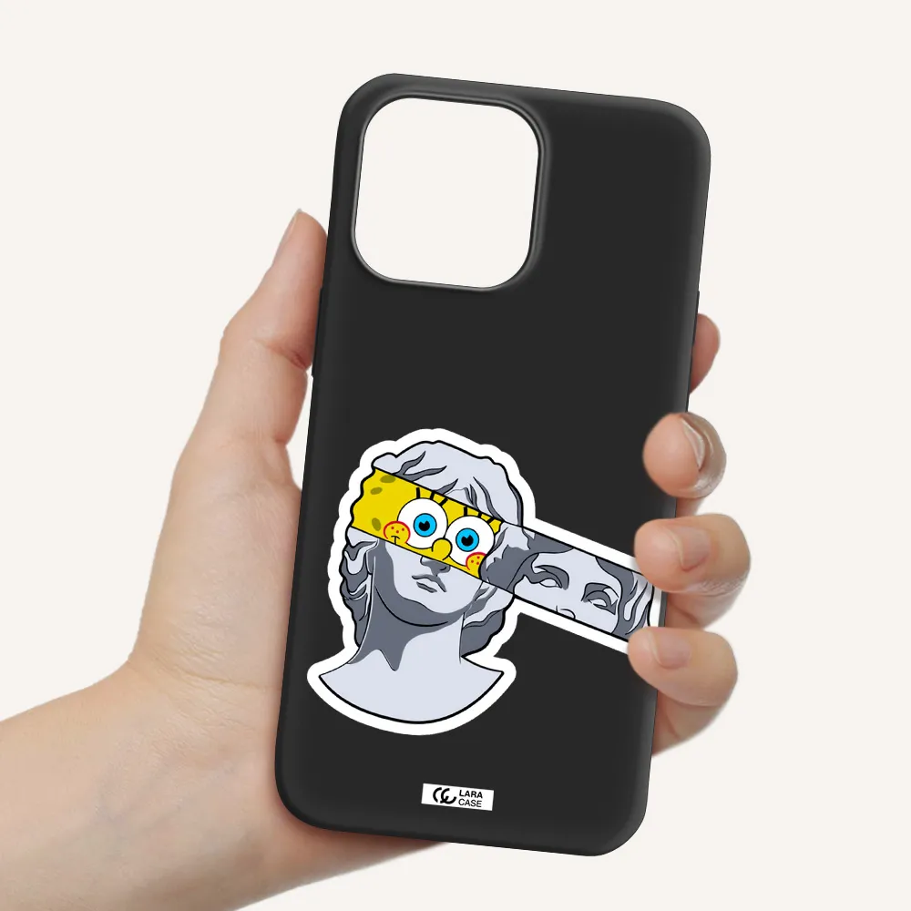 a cartoon of a statue with a yellow spongebob over its eyes Apple iPhone 14 pro max Silicone black Case