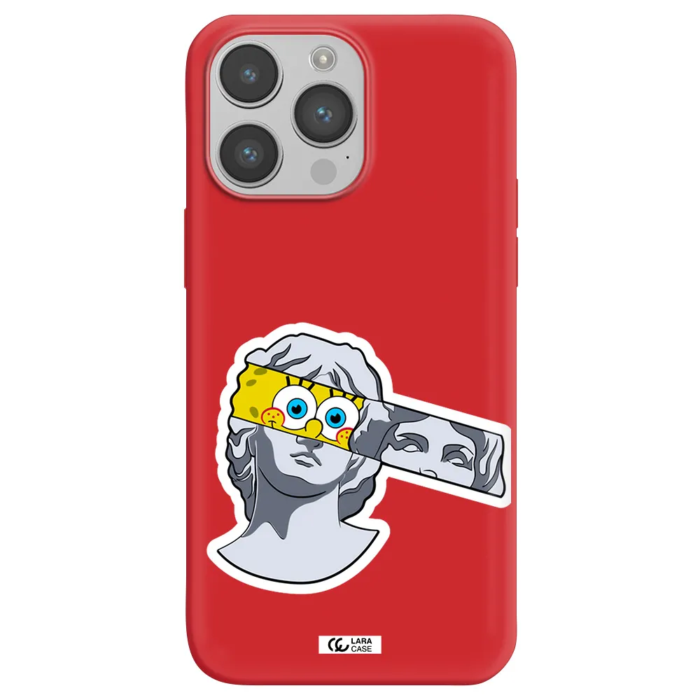 a cartoon of a statue with a yellow spongebob over its eyes Apple iPhone 14 pro max Silicone Imperial Red Case