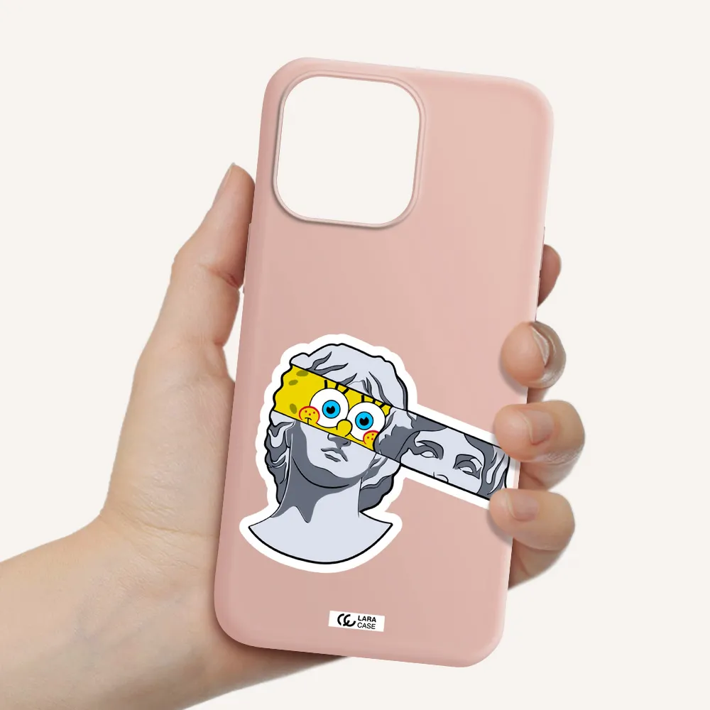 a cartoon of a statue with a yellow spongebob over its eyes Apple iPhone 14 pro max Silicone pastel pink Case