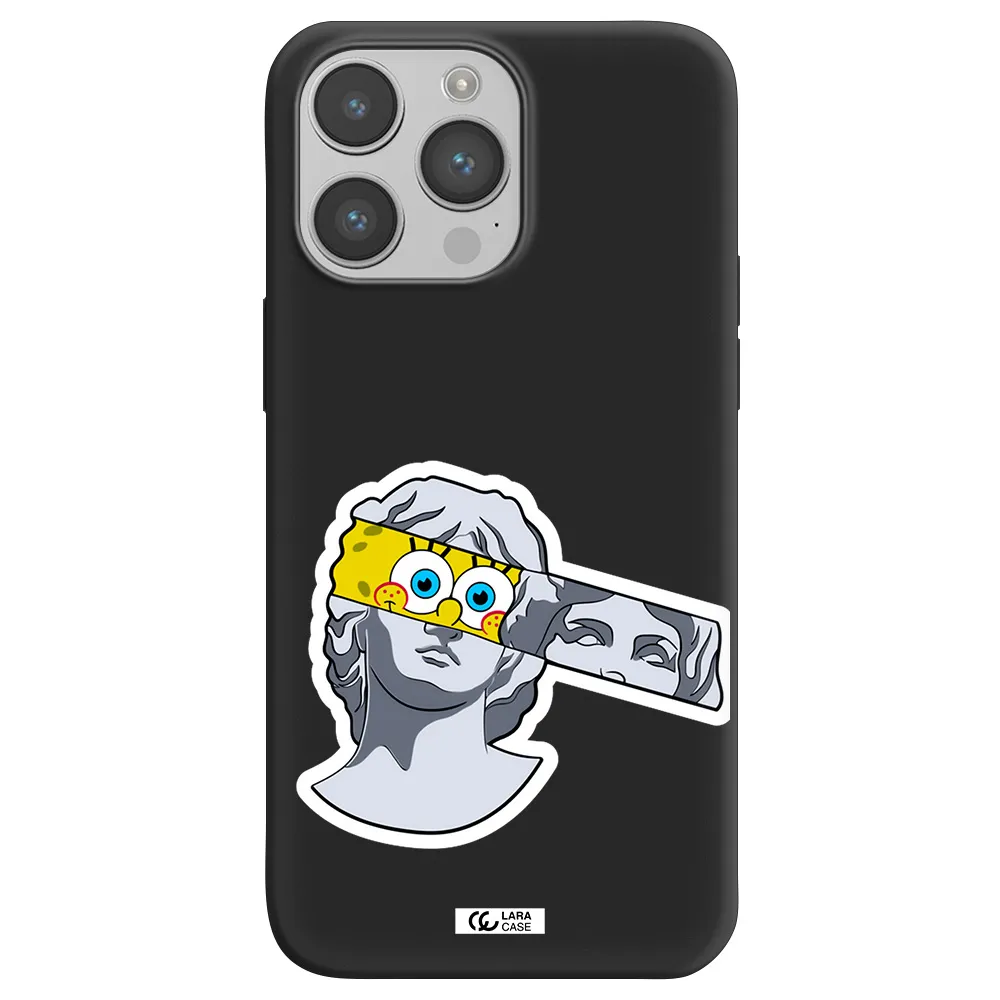 a cartoon of a statue with a yellow spongebob over its eyes Apple iPhone 14 pro Silicone black Case