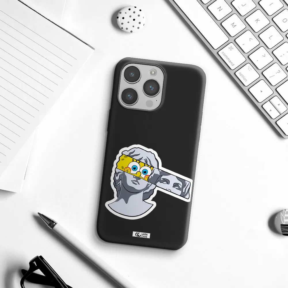 a cartoon of a statue with a yellow spongebob over its eyes Apple iPhone 14 pro Silicone black Case