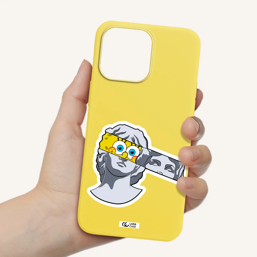 a cartoon of a statue with a yellow spongebob over its eyes Apple iPhone 14 pro Silicone canary yellow Case