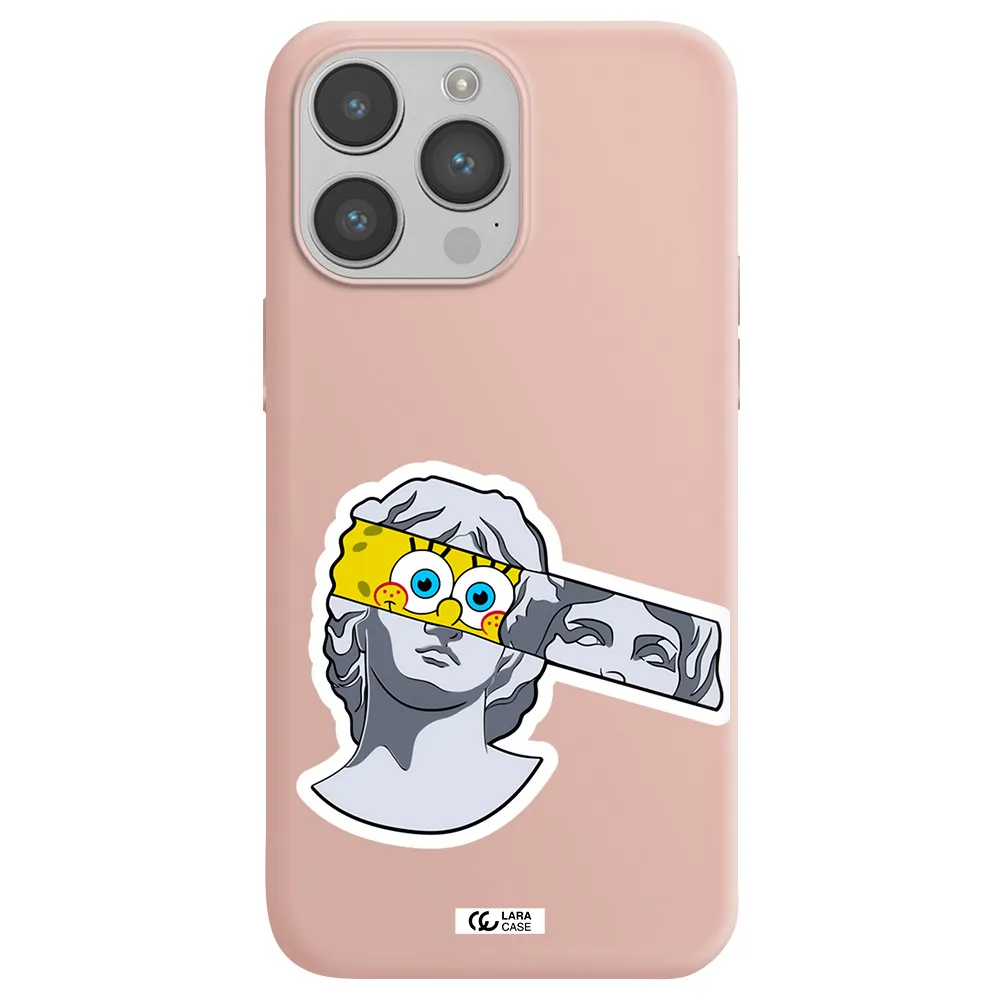 a cartoon of a statue with a yellow spongebob over its eyes Apple iPhone 14 pro Silicone pastel pink Case