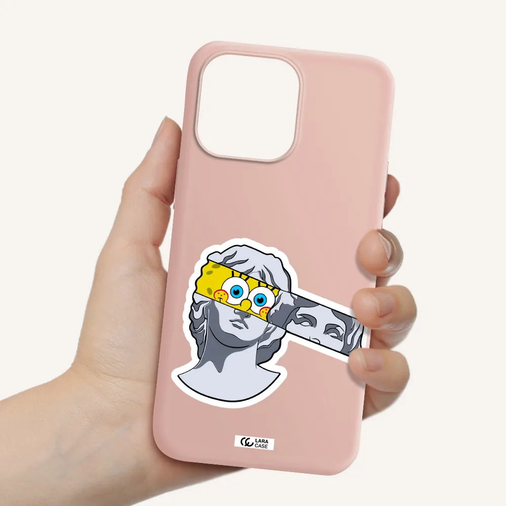a cartoon of a statue with a yellow spongebob over its eyes Apple iPhone 14 pro Silicone pastel pink Case