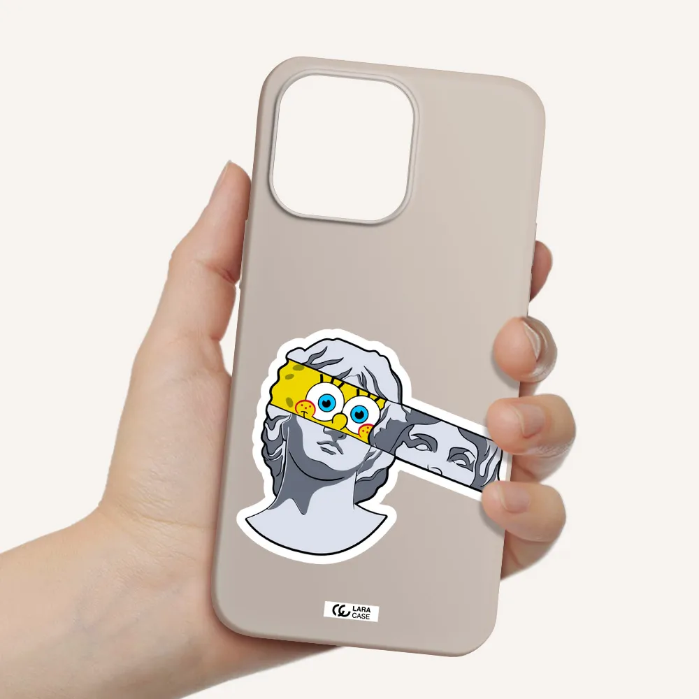 a cartoon of a statue with a yellow spongebob over its eyes Apple iPhone 14 pro Silicone Stone Case