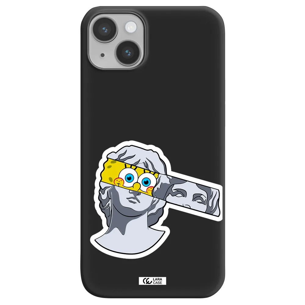 a cartoon of a statue with a yellow spongebob over its eyes Apple iPhone 14 Silicone black Case