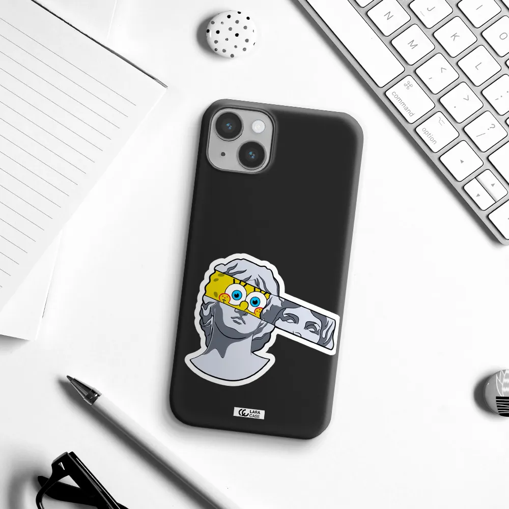 a cartoon of a statue with a yellow spongebob over its eyes Apple iPhone 14 Silicone black Case