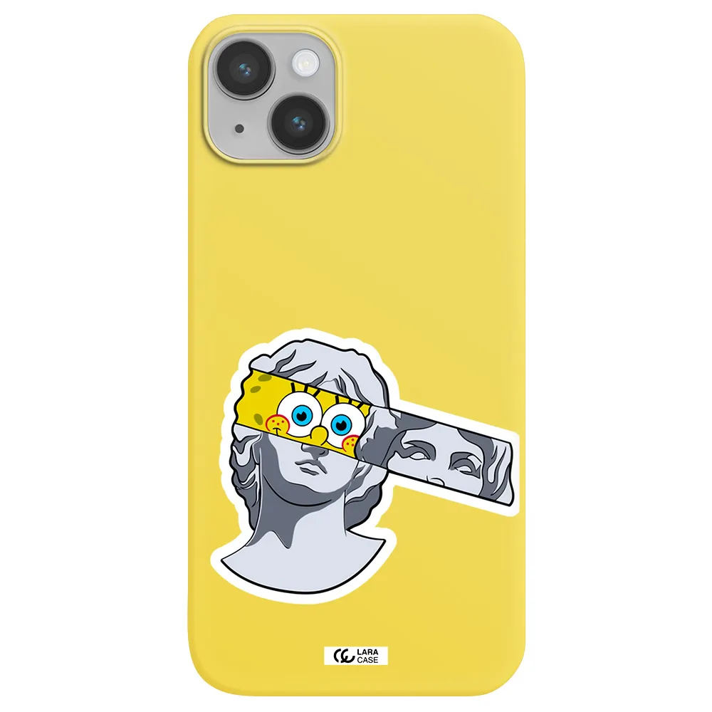 a cartoon of a statue with a yellow spongebob over its eyes Apple iPhone 14 Silicone canary yellow Case