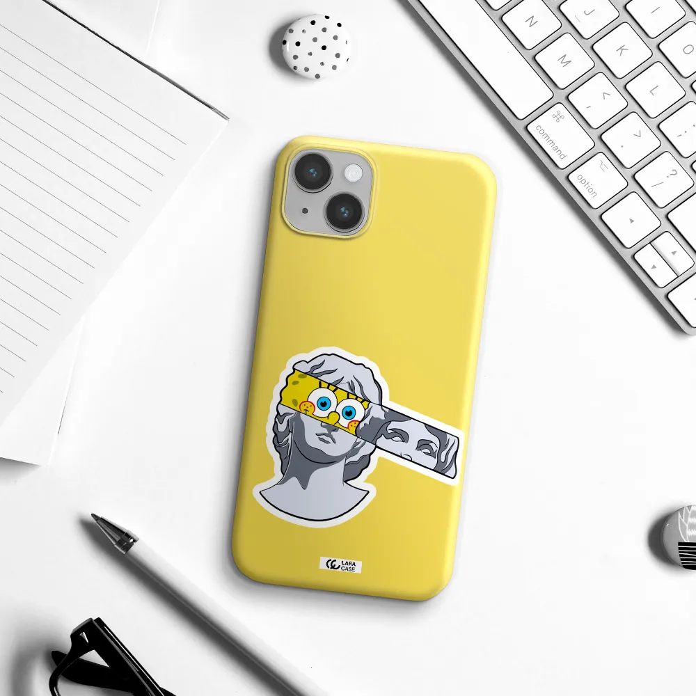 a cartoon of a statue with a yellow spongebob over its eyes Apple iPhone 14 Silicone canary yellow Case