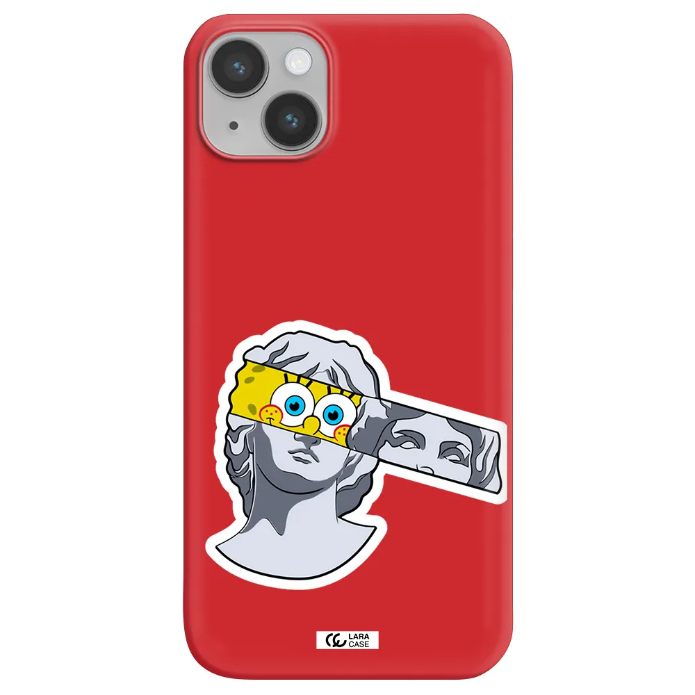 a cartoon of a statue with a yellow spongebob over its eyes Apple iPhone 14 Silicone Imperial Red Case