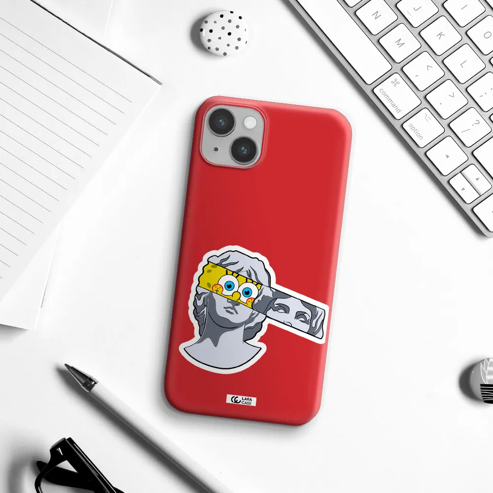 a cartoon of a statue with a yellow spongebob over its eyes Apple iPhone 14 Silicone Imperial Red Case