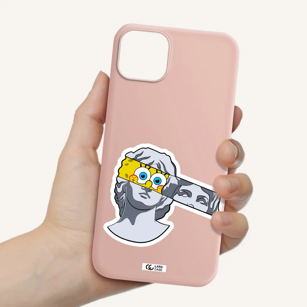 a cartoon of a statue with a yellow spongebob over its eyes Apple iPhone 14 Silicone pastel pink Case