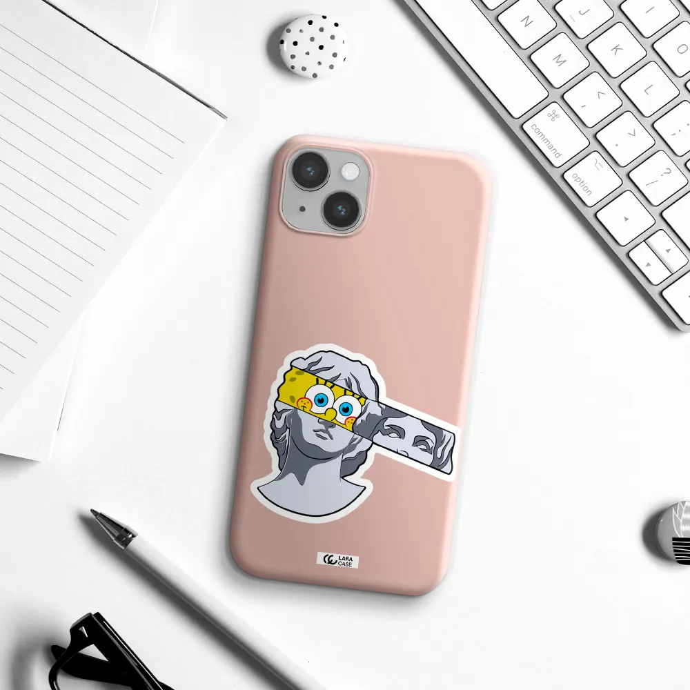 a cartoon of a statue with a yellow spongebob over its eyes Apple iPhone 14 Silicone pastel pink Case
