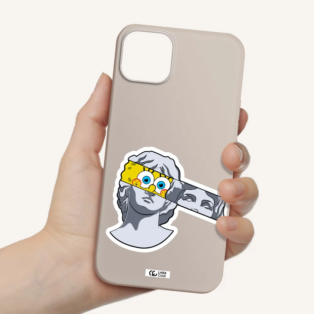 a cartoon of a statue with a yellow spongebob over its eyes Apple iPhone 14 Silicone Stone Case