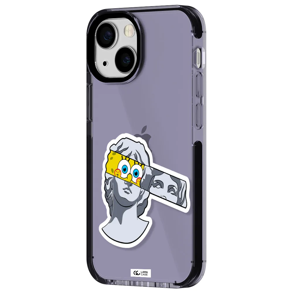 a cartoon of a statue with a yellow spongebob over its eyes Apple iPhone 15 impact Lilac Case