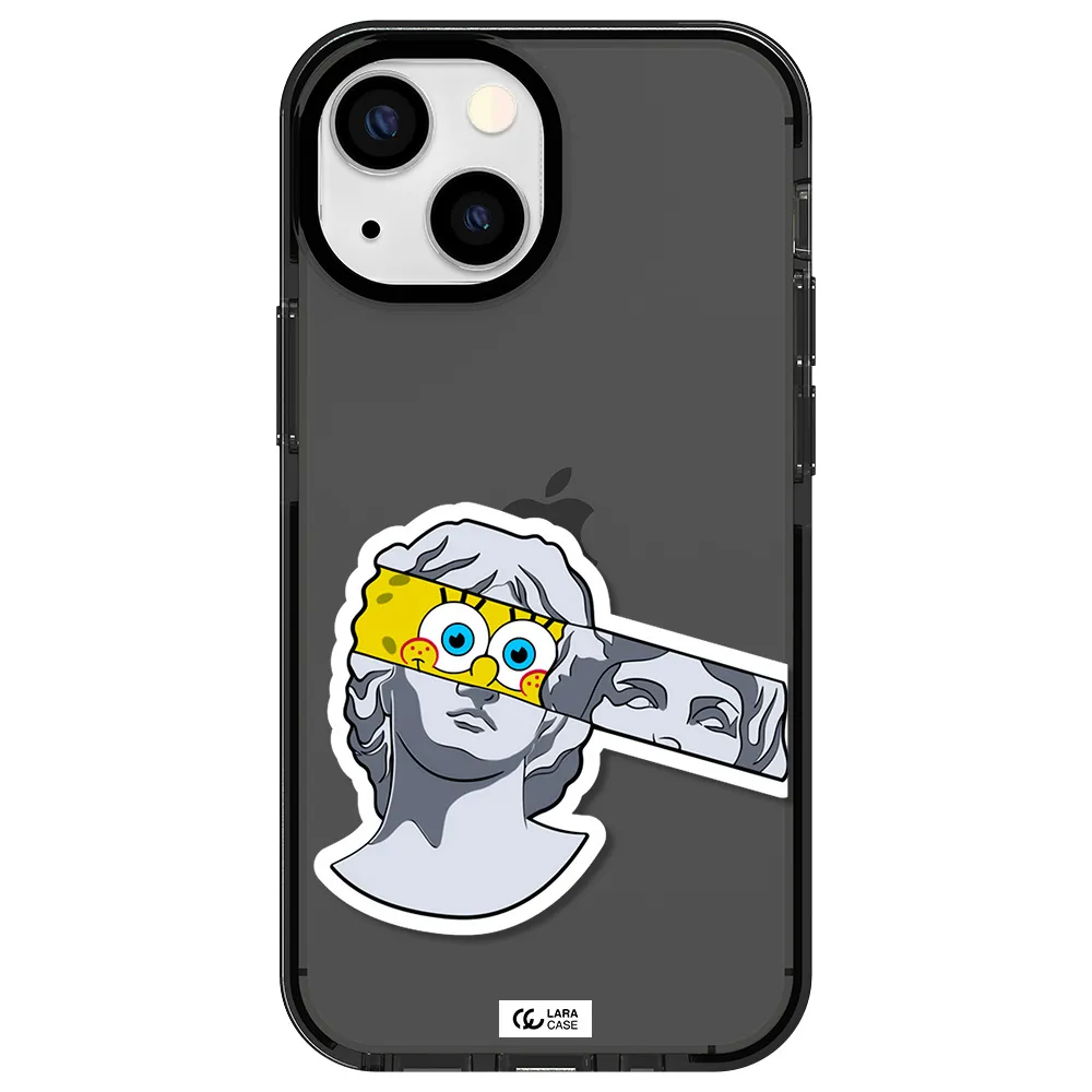 a cartoon of a statue with a yellow spongebob over its eyes Apple iPhone 15 impact Smoke Black Case
