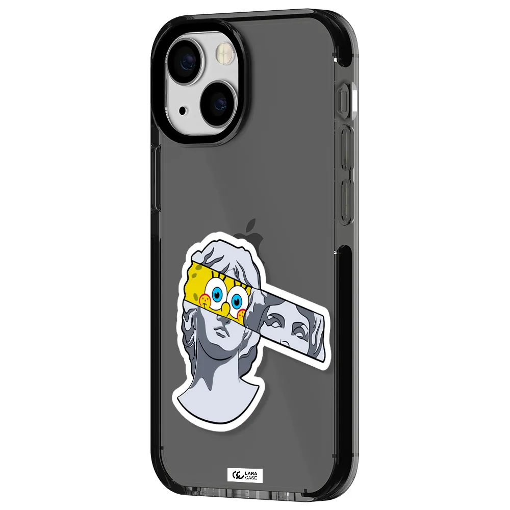 a cartoon of a statue with a yellow spongebob over its eyes Apple iPhone 15 impact Smoke Black Case