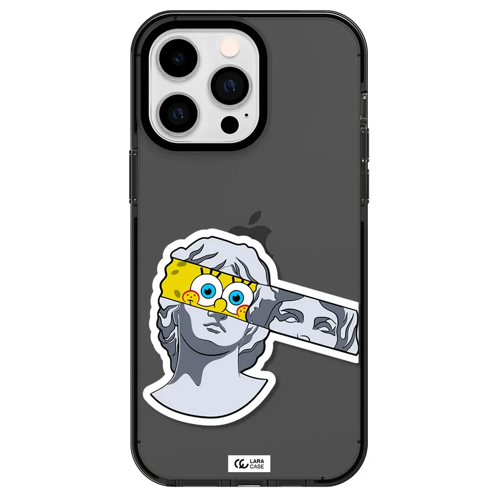 a cartoon of a statue with a yellow spongebob over its eyes Apple iPhone 15 Pro impact Smoke Black Case