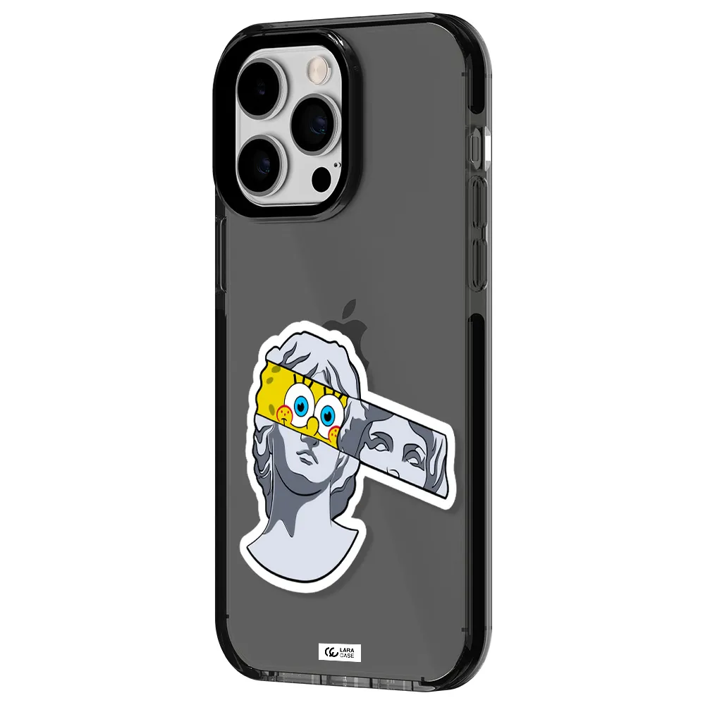 a cartoon of a statue with a yellow spongebob over its eyes Apple iPhone 15 Pro impact Smoke Black Case