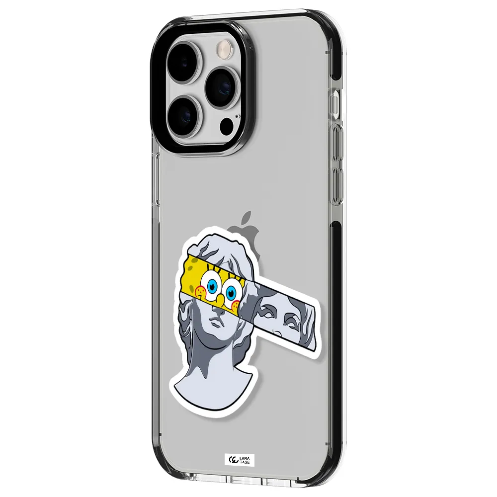 a cartoon of a statue with a yellow spongebob over its eyes Apple iPhone 15 Pro Max impact black border Case